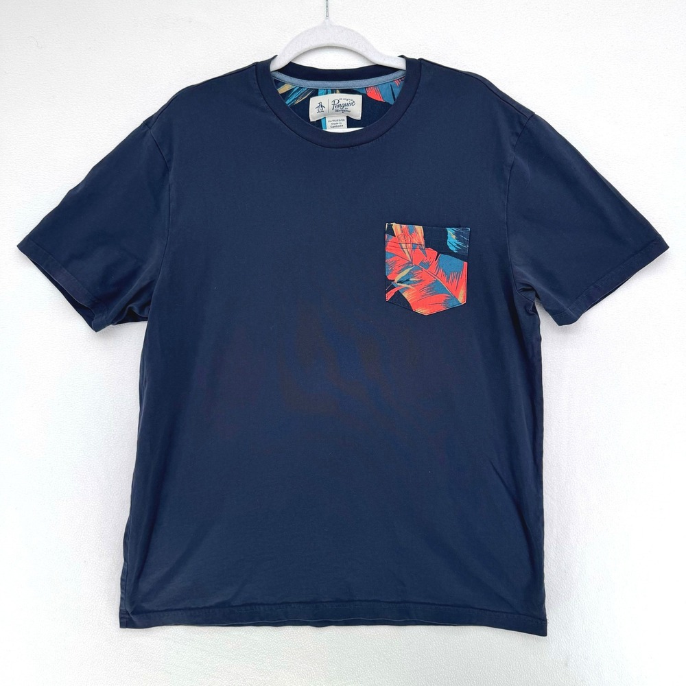 Original Penguin T-Shirt Mens XL Navy Tropical Pocket Short Sleeve Casual Beach